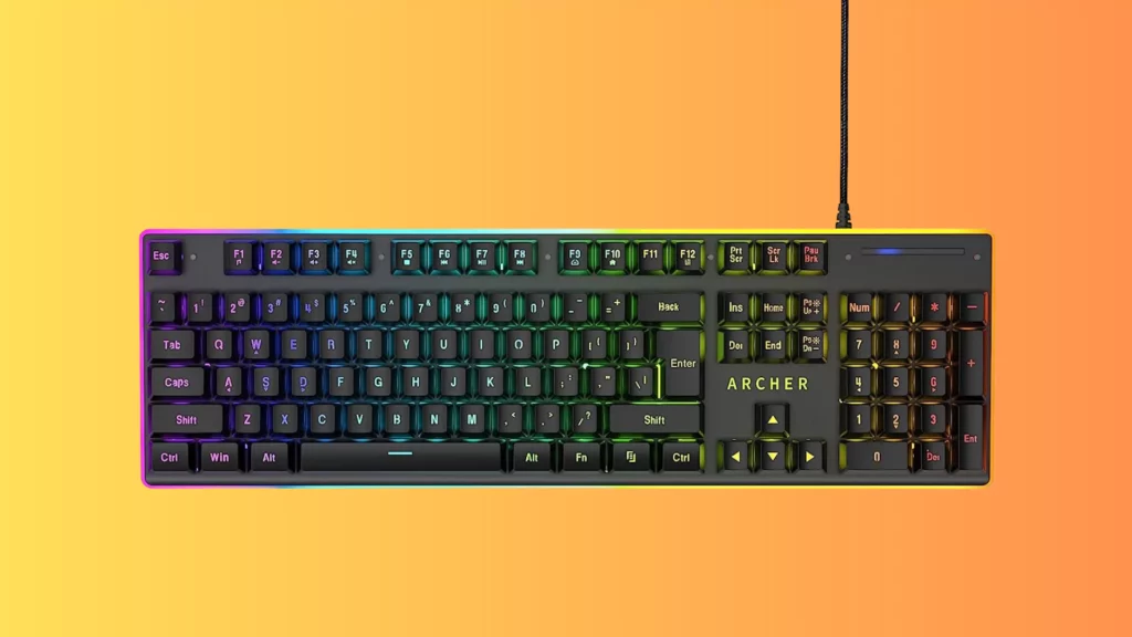 Archer Tech Lab Astra G100 Semi Mechanical Gaming Keyboard, 104 Keys, Elevated Anti Scratch Keycaps, 4 RGB Modes, 25 Ghosting Keys, Anti Skid Base Feet for Grip, Foldable Kickstand, Water Resistant