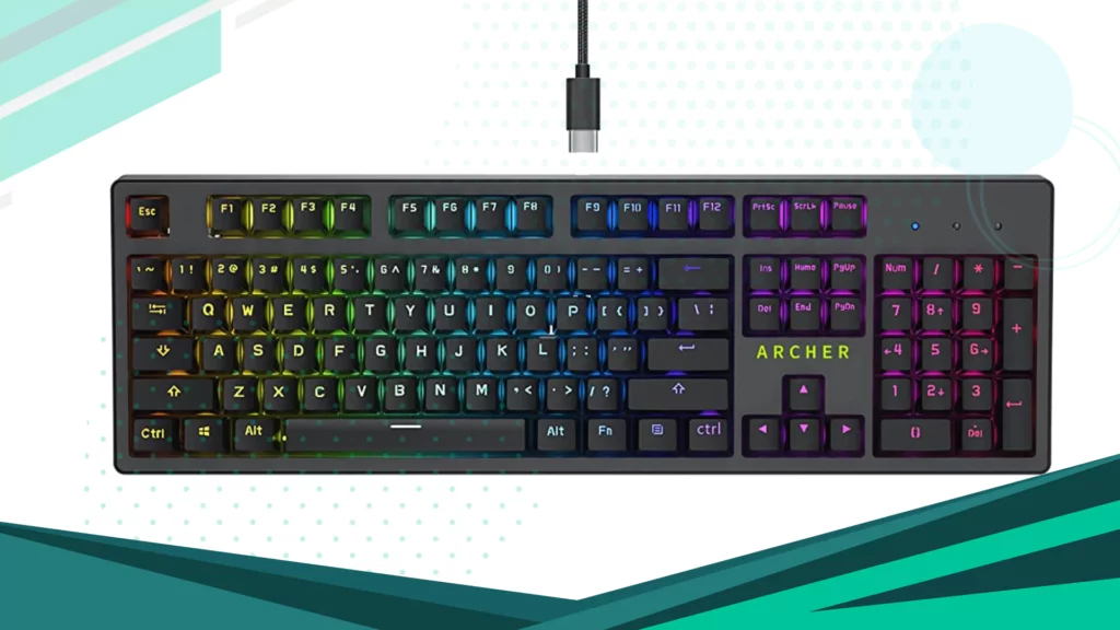 Archer Tech Lab Astra M200 Mechanical Gaming Keyboard, 104 Outemu Blue Keys, Anti Scratch Keys, 21 RGB Modes, All Ghosting Keys, Anti Skid Base for Grip, Foldable Kickstand, Water Resistant (USB-A)