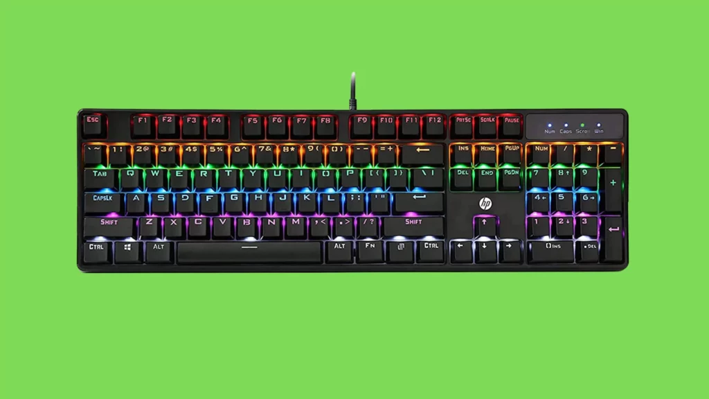 HP GK320 Wired Full Size RGB Backlight Mechanical Gaming Keyboard, 4 LED Indicators, Mechanical Switches, Double Injection Key Caps, and Windows Lock Key