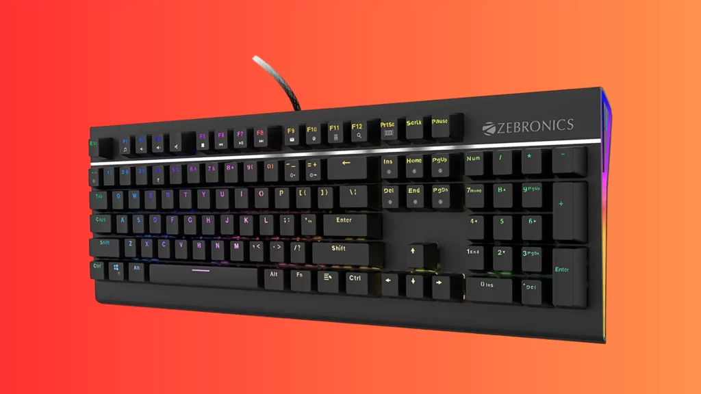 ZEBRONICS Zeb-MAX PRO V2 Premium Mechanical Gaming Keyboard with 104 Tactile Switch Keys, 18 RGB LED Modes, Braided & Gold Plated USB Cable, Integrated Multimedia Keys, Key Removal Tool