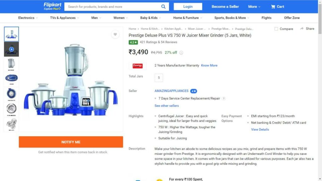 Prestige Deluxe Plus VS 750 W Juicer Mixer Grinder (5 Jars) Price Dropped by Rs 2,310 on Flipkart
