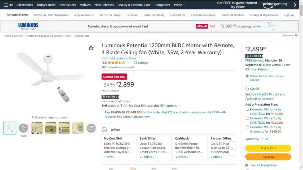 Luminous Potentia 1200mm BLDC Motor with Remote Ceiling Fan Price Drops by Rs 1,000; Check Out the Offer on Amazon