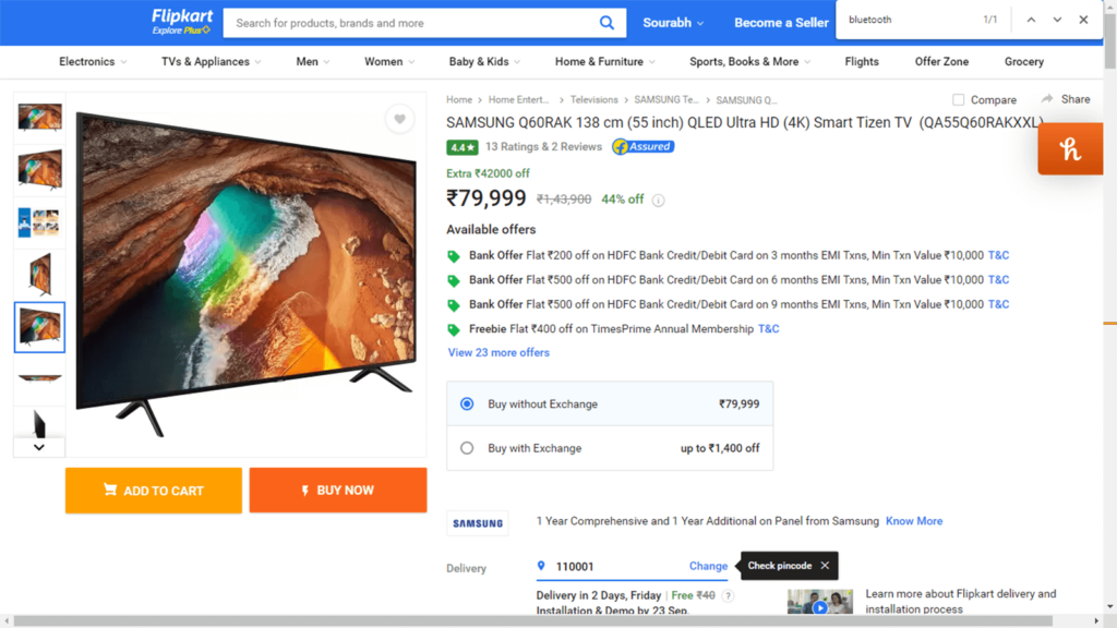 SAMSUNG Q60RAK 55 inch: Flipkart's Mega Discount: Save Big on a Large TV!