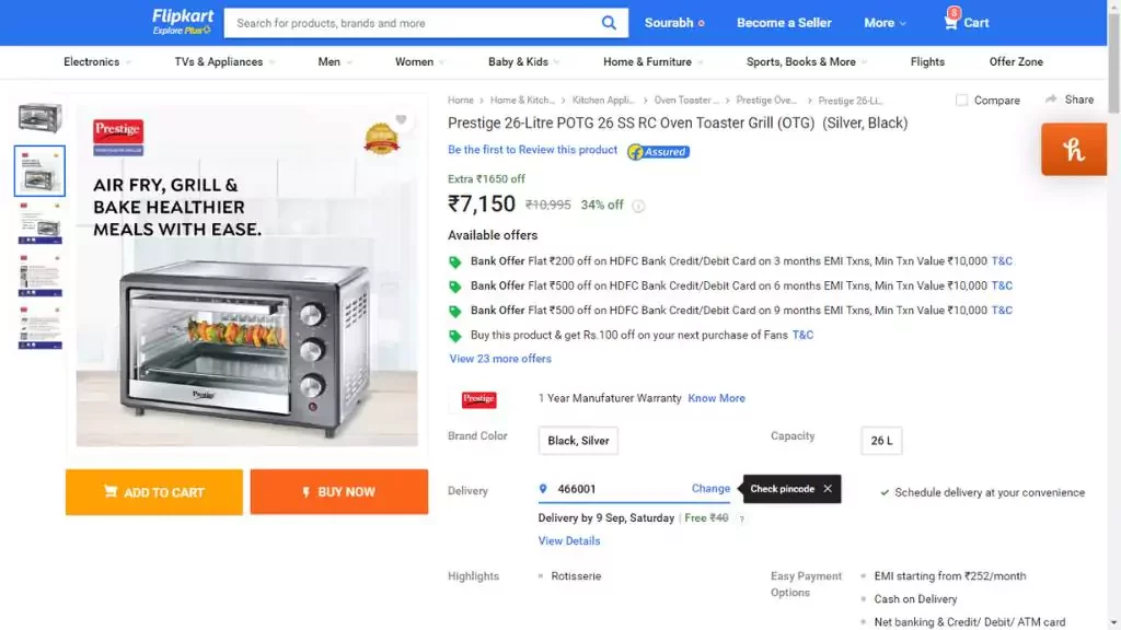 Prestige 26-Litre POTG 26 SS RC Oven Toaster Grill (OTG) Price Drops by Rs 1,650; Check Out the Offer on Flipkart
