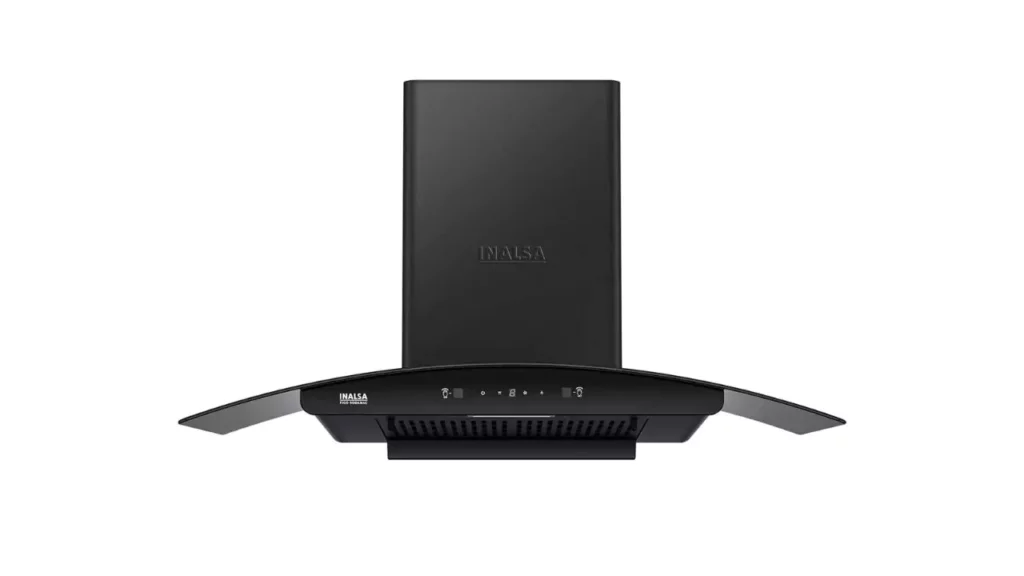 INALSA chimney for kitchen 90cm 1250 m³/hr FIGO90BKMAC|Auto Clean, Filterless Chimney With Motion Sensor|Touch Control With Digital Display|Curved Glass with Black Powder Coated Finish