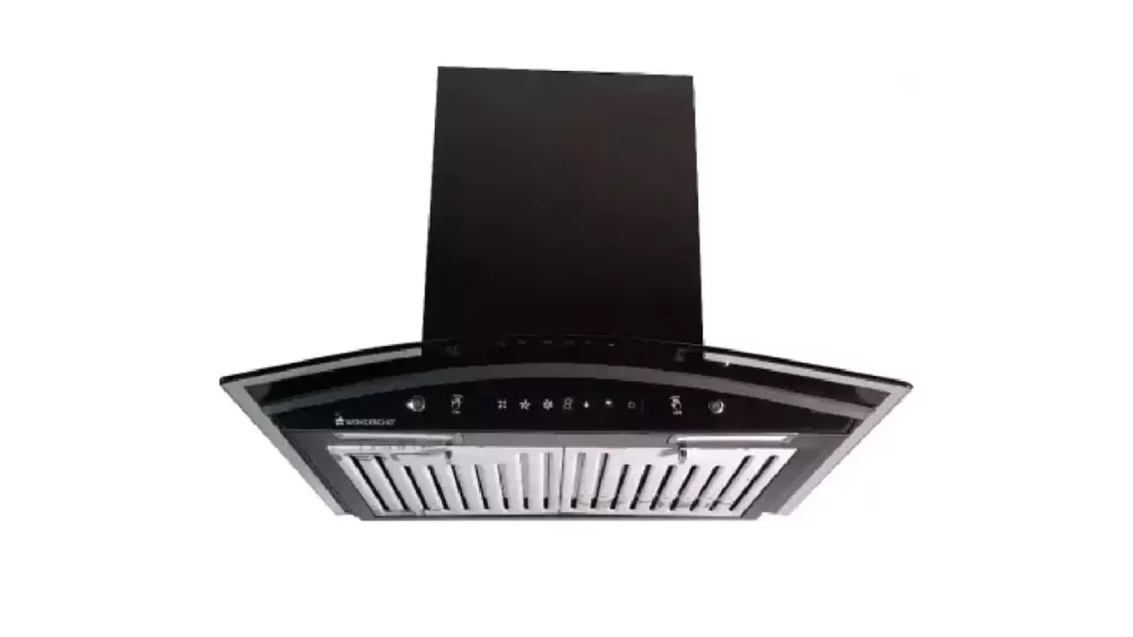 Wonderchef Power 90cm 1200 m3/hr Auto Clean Curved Glass Chimney for kitchen | Baffle Filter | 1200M3/Hr powerful suction | Touch + 3 speed Motion Sensor control | Low Noise | 7 Year Warranty | Black